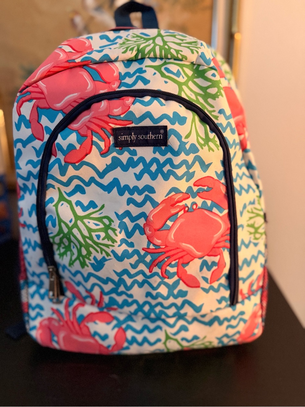 Simply Southern Coral Crab Print Backpack in Blue, Pink & Green